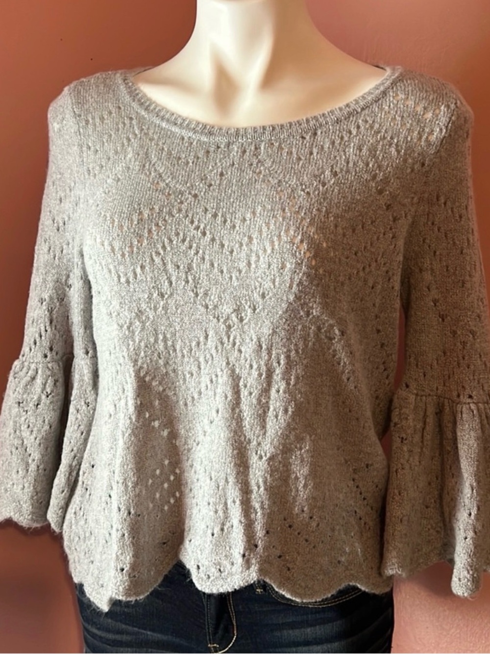 LC Lauren Conrad Light Gray Scoop Neck Openwork Bell-Sleeve Sweater